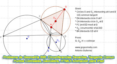 Problema de Geometría 898: Circunferencias Secantes, Tangente Común Exterior, Circuncentro, Puntos Colineales, GeoGebra, Animación HTML5 para Tabletas