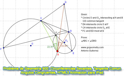 Problema de Geometría 900: Circunferencias Secantes, Tangente Común Exterior, Ángulos, Congruencia, GeoGebra, Animación HTML5 para Tabletas