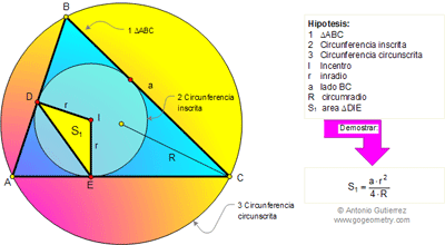 Problema de Geometría 81: Triangulo, Área, Inradio, Circunradio, Lado. 