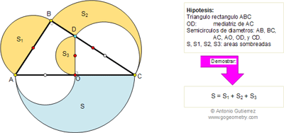 Problema de Geometría 99: Triangulo Rectángulo, Mediatriz, Hipotenusa, Diámetro, Semicírculo, Área