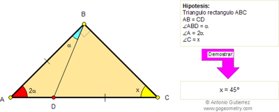 Problema de Geometría 109: Triangulo, Ángulos, Ceviana, 45 Grados, Congruencia.