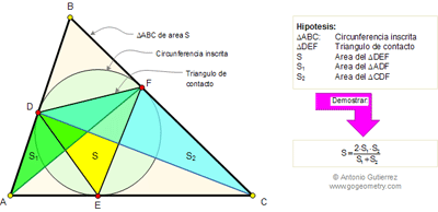 Problema de Geometría 110: Triangulo de contacto, Tangencial, Circunferencia Inscrita, Área.