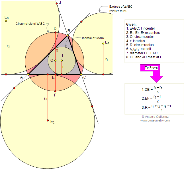Triangulo, Relacin entre el Inradio, Circunradio y Exradios, Circuncentro, Circunferencia Circunscrita, Flecha o Sagita, Incentro, Excentro, Perpendicular