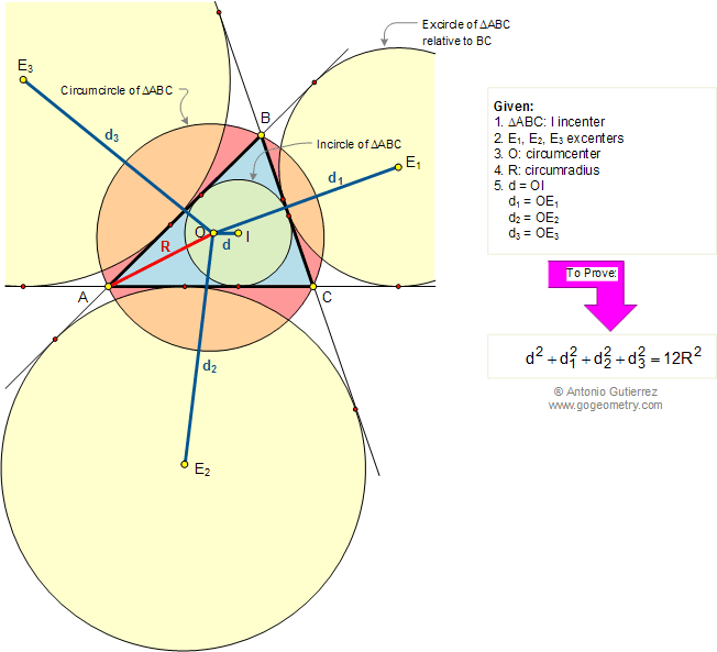 Triangulo, Distancia del Circuncentro al Incentro y los Excentros en funcion del Circunradio