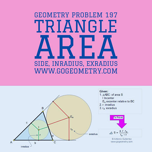 
 Problema de Geometría 197 (ESL): Área del Triangulo, Inradio, Exradio, Lado, Circunferencia Inscrita, Circunferencia Exinscrita. Ingles ESL.
