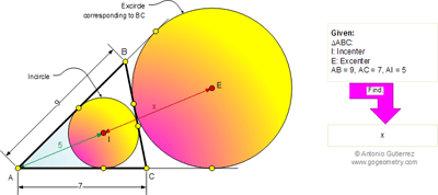  Online Geometry Problem 626: Triangle, Distance from the Incenter to an Excenter.