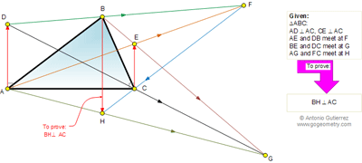 Online Geometry Problem 629: Triangle, Perpendicular to Sides, Intersecting Lines, Altitude.