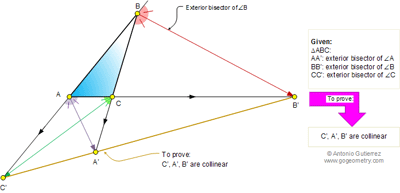 Online Geometry Problem 631: Triangle, Exterior Angle Bisectors, Collinear Points.