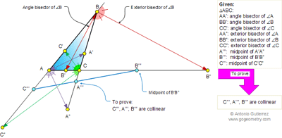Online Geometry Problem 632: Triangle, Interior and Exterior Angle Bisectors, Midpoints, Collinear Points.