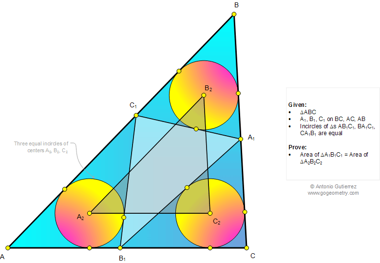 Problema de Geometria 1035: Triangulo, Tres Incrculos Iguales, Rectas Tangentes, Tringulos Equivalentes