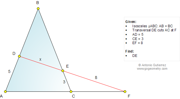 Problema de Geometria 1040: Triangulo issceles, Transversal, Relaciones Mtricas