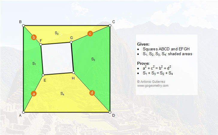 Geometry Problem 1182: Two Squares, Four Quadrilaterals, Sum of the Areas, Metric Relations