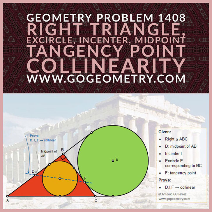 Typography of Geometry Problem 1408: Right Triangle, Incircle, Excircle, Incenter, Midpoint, Tangency Point, Collinearity, iPad Apps