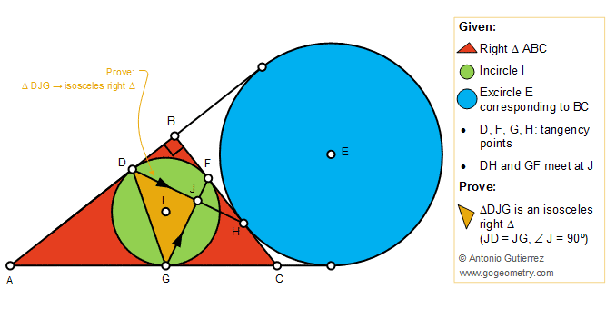 Geometry Problem 1413: Right Triangle, Incircle, Excircle, Tangency Points, Isosceles Right Triangle, 45 Degree Angle, Tutor