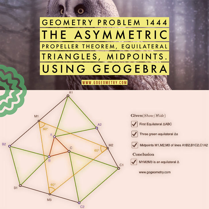 Poster of Geometry Problem 1444: The Asymmetric Propeller Theorem, Equilateral Triangles, Midpoints. Using iPad