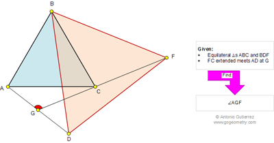 Problema de Geometría 814 (ESL): Dos triángulos equiláteros con un vértice común, Angulo de 60 grados.