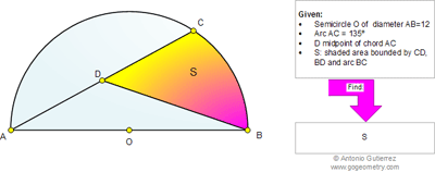 Problema de Geometría 822 (ESL): Circunferencia, Semicircunferencia, Arco, Cuerda, Diámetro, Punto medio, Sector, Triangulo, Área