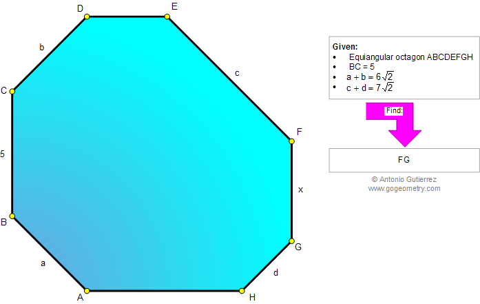 Geometry Problem: Equiangular Octagon, Metric Relations, Sides