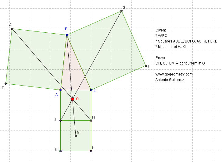 Problema Geometria 902: Triangulo, Cuatro Cuadrados, Centro, Rectas Concurrentes.