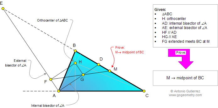 Problema de Geometra914 (English ESL): Triangulo, Ortocentro, Bisectriz Interior, Exterior, Paralela, Punto Medio