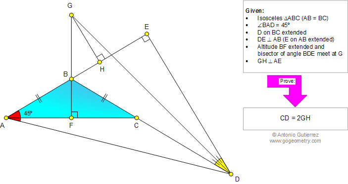 Problema de Geometria 958: Triangulo Issceles, Perpendicular, 45 Grados, Altura, Bisectriz, Relaciones Mtricas
