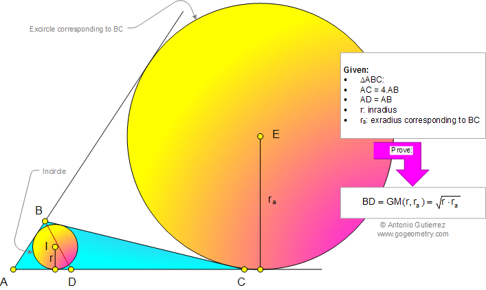 Problema de Geometria 959: Triangulo, Razonde 2 Lados 4:1, Ceviana, Inradio, Exradio, Media Proporcional, Media Geomtrica