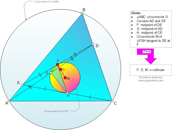 Problema de Geometría 966 (English ESL): Triangulo, Cevianas, Punto Medio, Circunferencia Circunscrita, Tangente, Circuncentro, Puntos Colineales