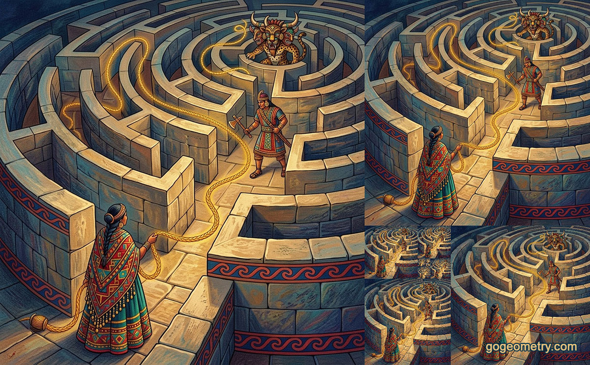 Ariadne's thread guiding through an Incan golden rectangle geometric labyrinth