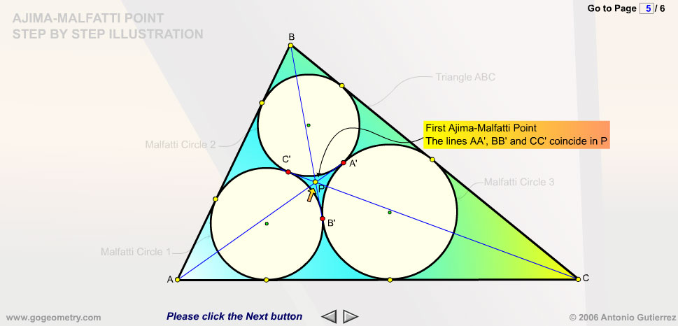 First Ajima-Malfatti Point, Tangent Circles, step-by-step. HTML5 Animation for Mobile Devices