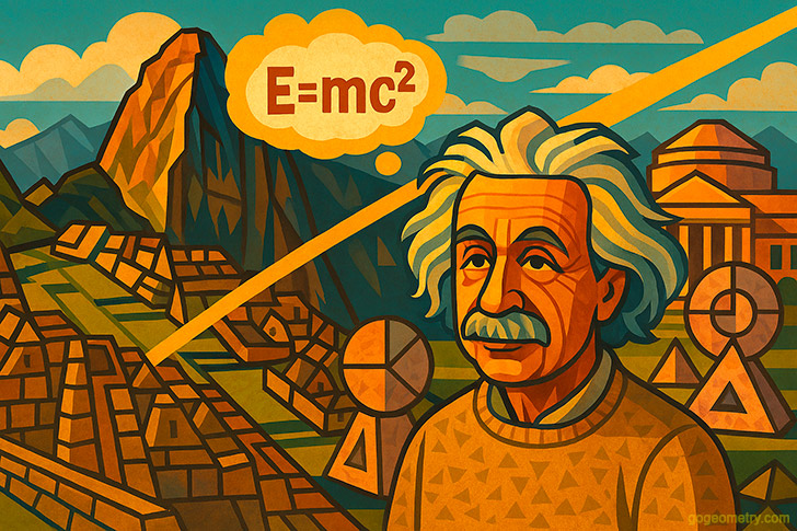 Illustration of Einstein between Machu Picchu and MIT, connecting Inca geometry and modern physics