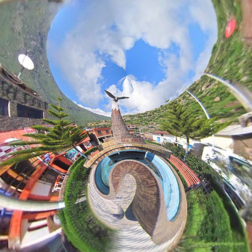 Cabanaconde main square, the gateway to the Colca Canyon, Caylloma, Arequipa, Peru, Stereographic projection
