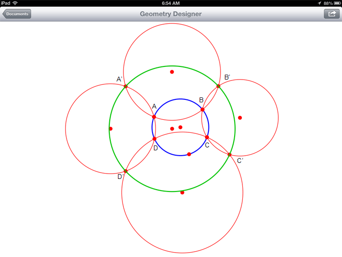 iPad Apps: Geometry Designer Illustration: Four Circles Theorem with Dynamic Geometry. Concyclic Points, Cyclic Quadrilateral, Intersection Points, Common Chord, Problem 756