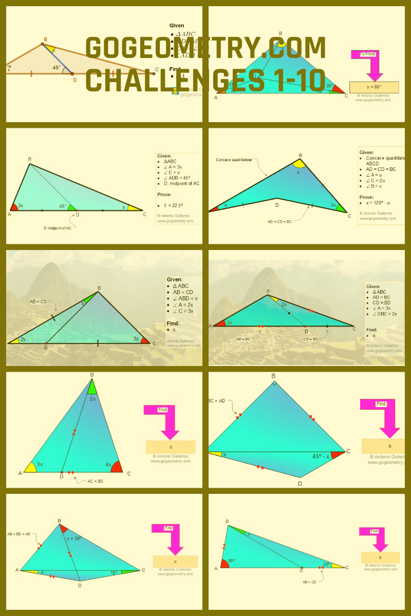 Full-color poster titled 'GoGeometry.com Challenges 1-10', showcasing ten distinct geometric problems with intricate diagrams and numbers 1 through 10, designed to engage viewers in mathematical reasoning.