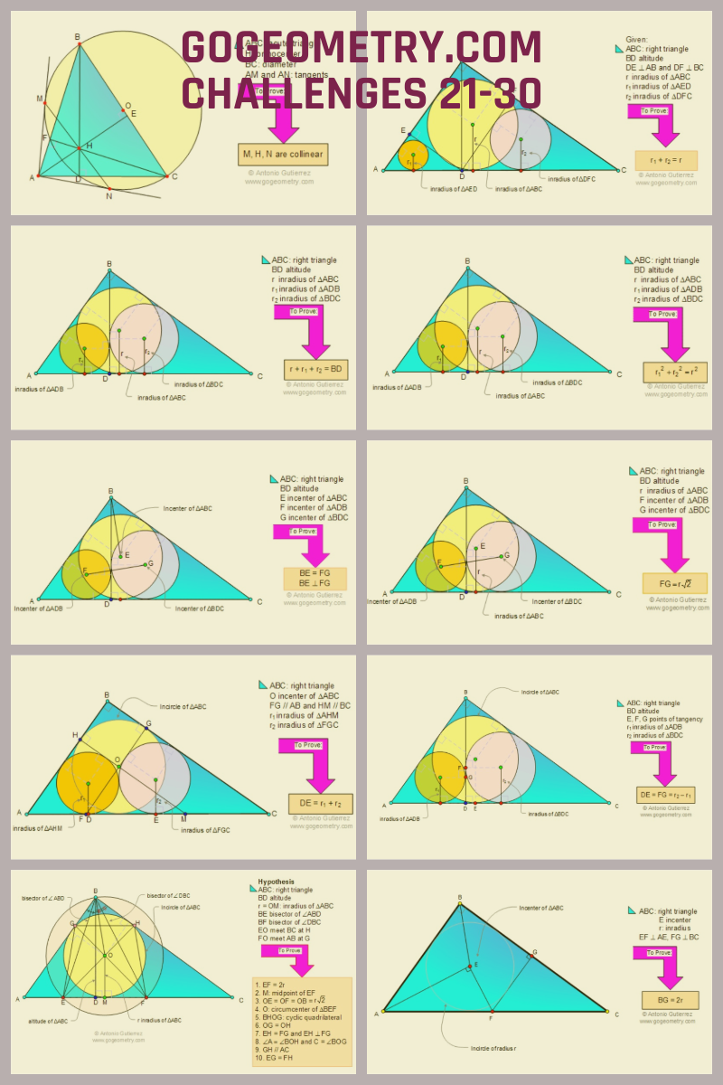 Full-color poster titled 'GoGeometry.com Challenges 21-30', showcasing ten distinct geometric problems with intricate diagrams and numbers 21 through 30, designed to engage viewers in mathematical reasoning.