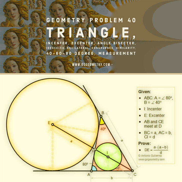 Poster of Geometry Problem 40: Triangle, Incenter, Excenter, 40, 60, 80 Degrees, iPad Apps, Typography. Math Infographic, Tutor