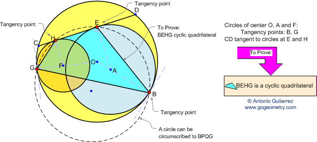 Angles, Tangent Circles, Arc, Midpoint, Cyclic Quadrilateral