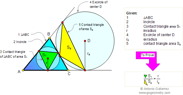Geometry problem about triangle, incircle, excircle, contact triangles area