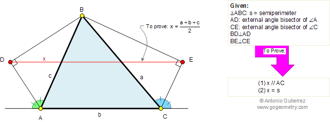 Triangle, angle bisector, perpendicular, parallel, semiperimeter