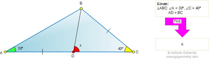 Triangle, Cevian, Angle, 30, 40 degree