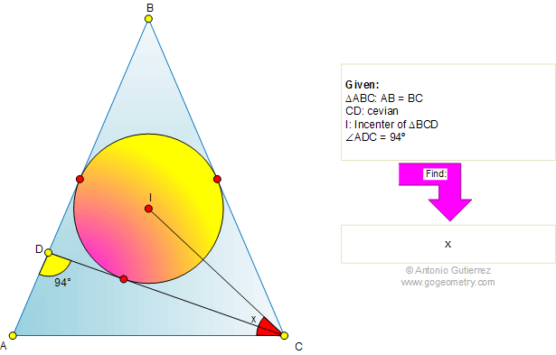 Isosceles triangle, Incenter, Angle