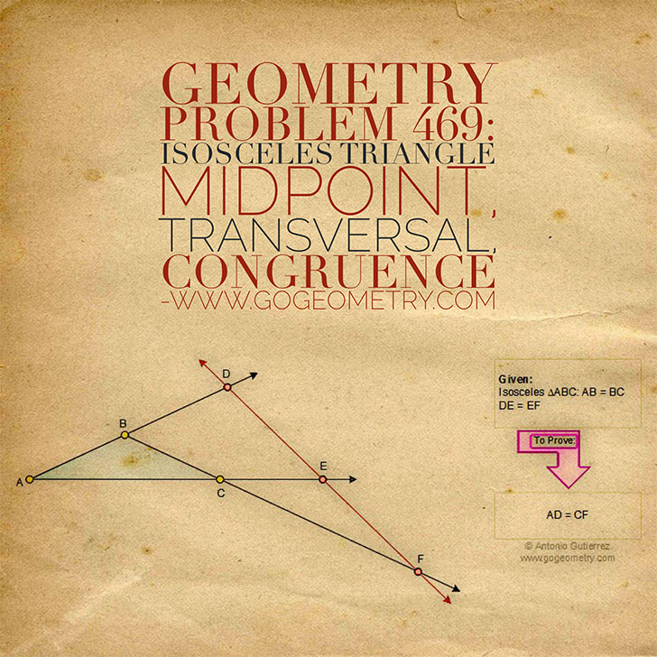 Poster of Problem 469: Sketching, iPad, Typography, Art, Isosceles triangle, Midpoint, Transversal, Congruence.