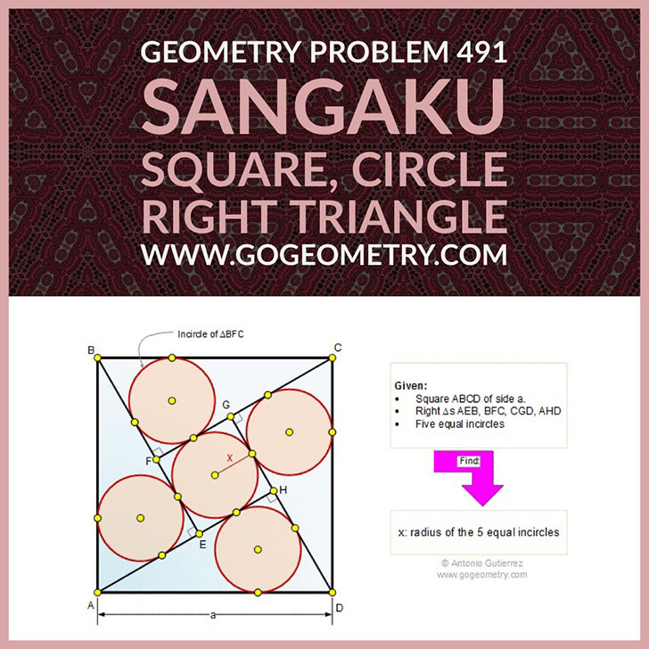 Typography of Geometry Problem 491:Square, Right Triangle, Incircle, Inscribed Circle, Radius, Sangaku Japanese Problem, iPad Apps. Math Infographic, Tutor