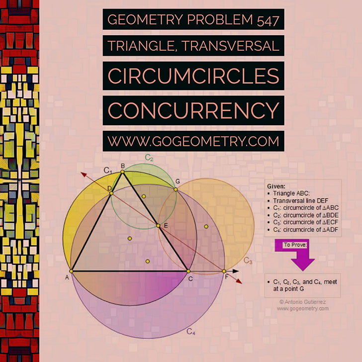 Typography and Sketch of Problem 547 Triangle, Transversal, Four Circumcircles, Concurrency, iPad Apps