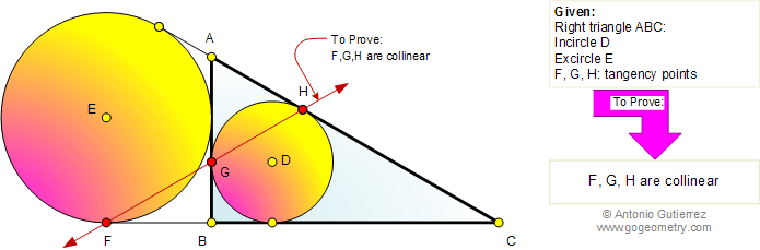 Right triangle, Incircle, Excircle, Collinear tangency points