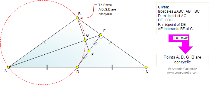 Isosceles triangle, perpendicular, midpoint, concyclic points