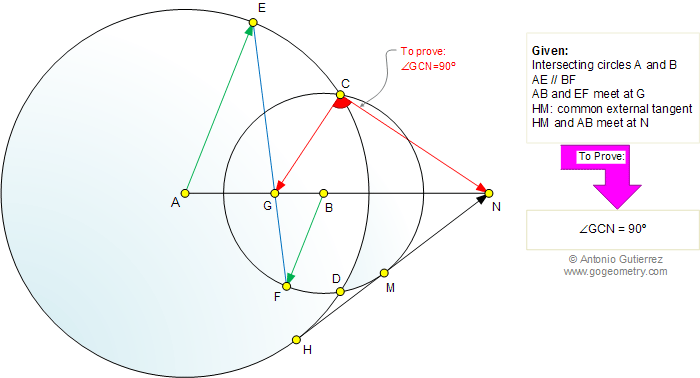 Intersecting Circles, Parallel, Common Tangent, 90 Degrees