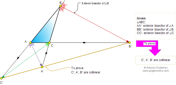 Triangle, Exterior Angle Bisectors, Collinear Points