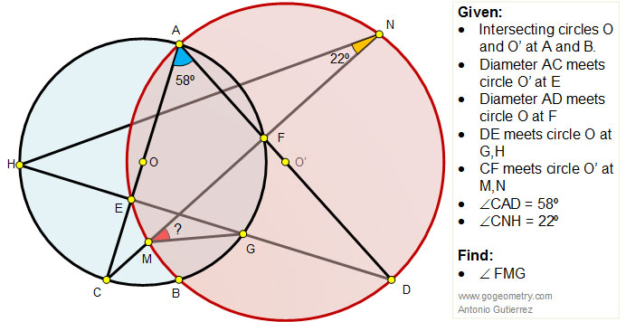 Intersecting circles, Diameter, Perpendicular, Angle, Measure