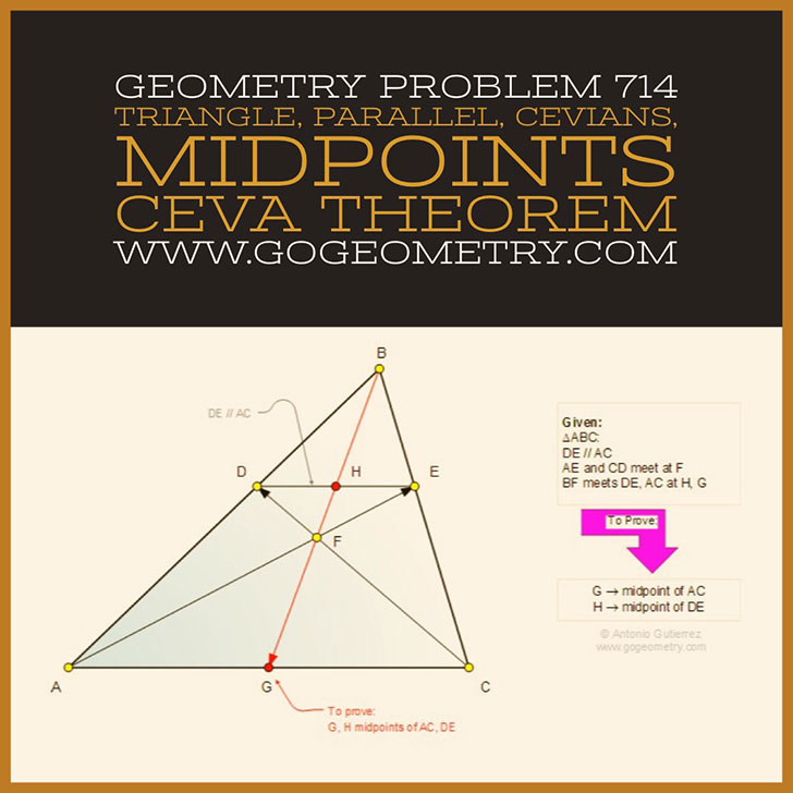 Typography of Geometry Problem 714: Triangle, Parallel, Cevians, Midpoints, Median, Ceva Theorem. Math Infographic, Tutor