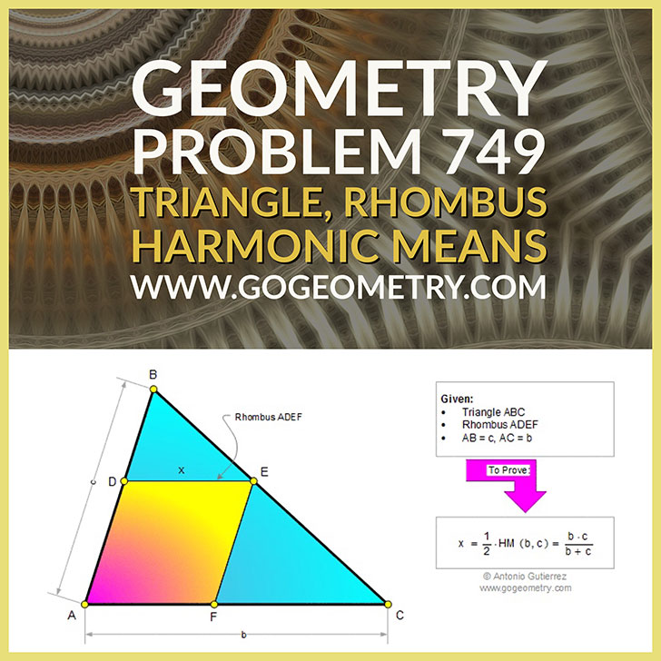 Art and Typography of Geometry Problem 749: Triangle, Rhombus, Parallel, Harmonic Means, iPad Apps